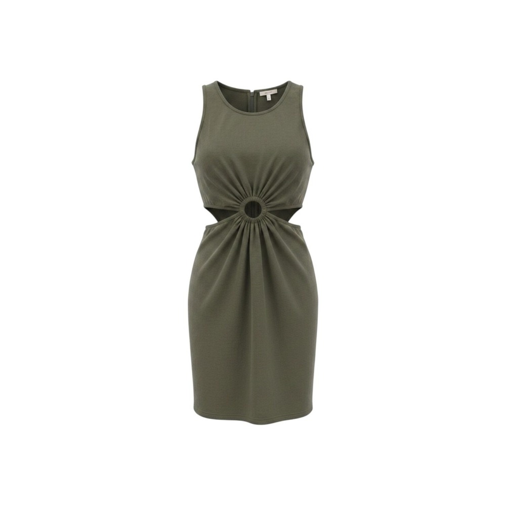 Mi Amour Women's Medium Olive‎ Green Cotton Linen Cutout Ring Midi Dress